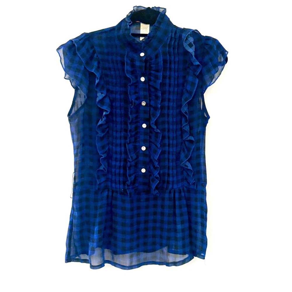 Hera Blue Ruffled Checkered Blouse with Rhinetone Buttons